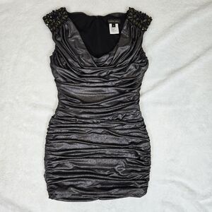Tadashi Shoji Mini Dress Ruched Sheath Silver Metallic Beaded Cocktail Small